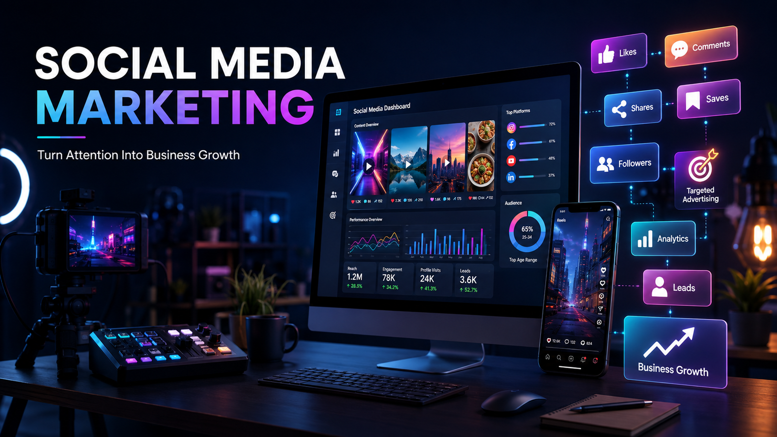 Social media marketing strategy, content creation, targeted advertising, analytics and business growth